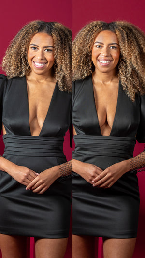 woman before and after application of a boob tape for breast lifting effect