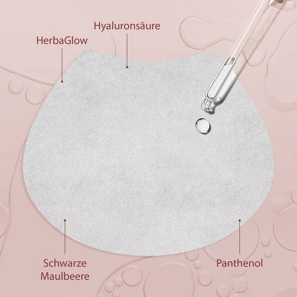 Cosmetic patch with dropper and ingredients labeled on a pink background