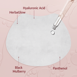 Ingredient diagram of the décolleté sheet mask showing Hyaluronic Acid, HerbaGlow, Black Mulberry, and Panthenol on a pink background