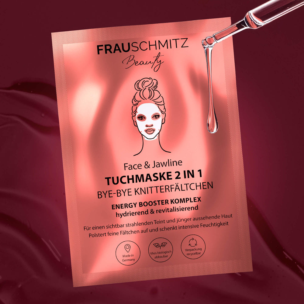 FrauSchmitz Beauty anti-wrinkle sheet mask packaging with a serum dropper for hydration effect.
