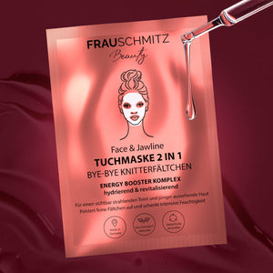 FRAUSCHMITZ Beauty face and jawline sheet mask packaging with dropper on a red background