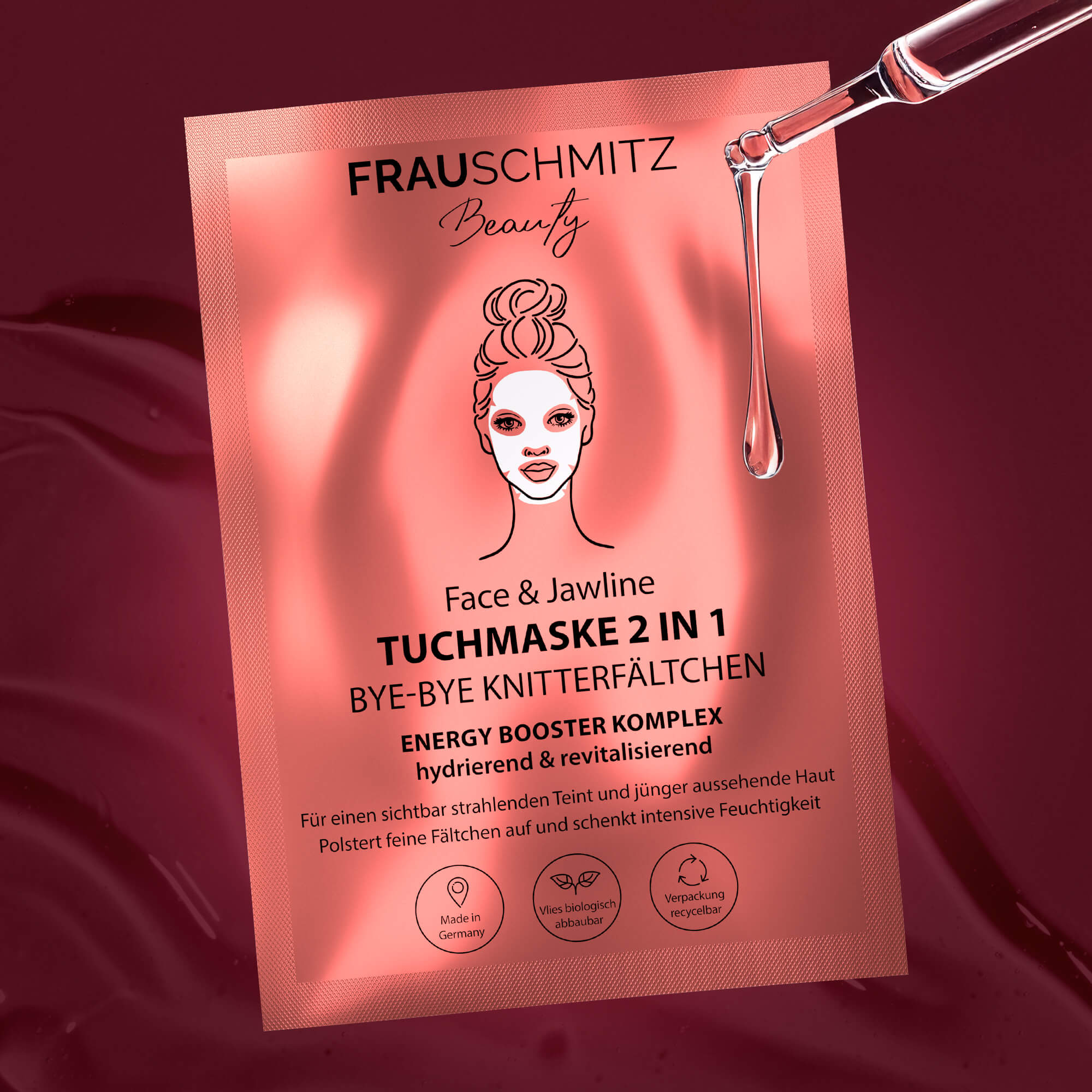 FrauSchmitz Beauty anti-wrinkle sheet mask packaging with a serum dropper for hydration effect.