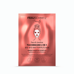 Hydrating anti-wrinkle face and jawline sheet mask in pink packaging by FrauSchmitz Beauty