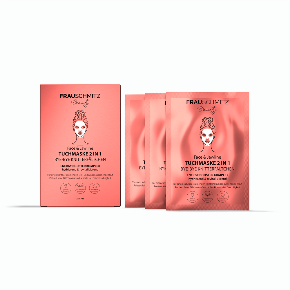 FrauSchmitz Beauty anti-wrinkle sheet mask packaging with a serum dropper for hydration effect.