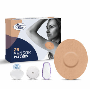Beige CureTape Sensor Patches – breathable adhesive covers protecting CGM sensors from water, sweat and dirt