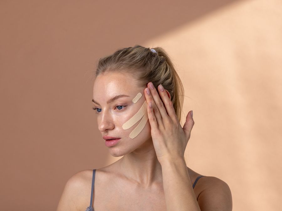 Model applying BeautyTape facial tape for natural wrinkle care and face lifting