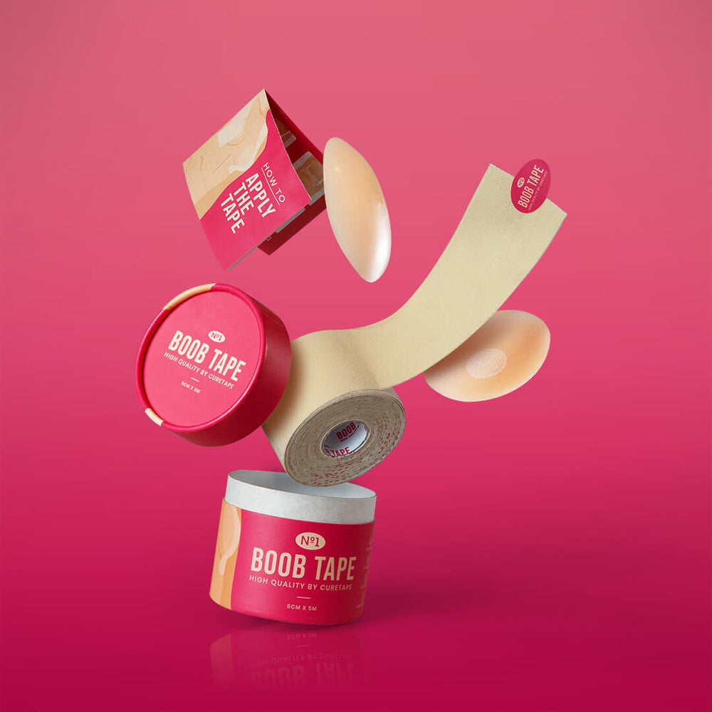 Boob tape with packaging on a pink background